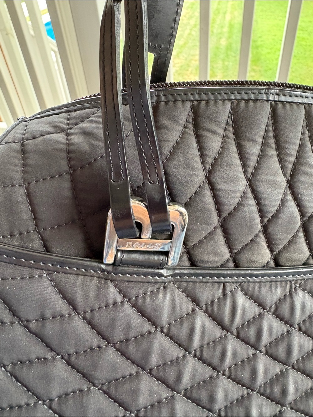 VINTAGE BALLY Black Quilted Nylon Satchel Top Handle Shoulder Bag Leather Trim - Picture 12 of 16